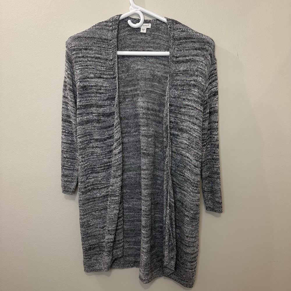 Pure Jill Cardigan Knit Sweater Womens XS Gray 3/4 Sleeves Open Front Long‎